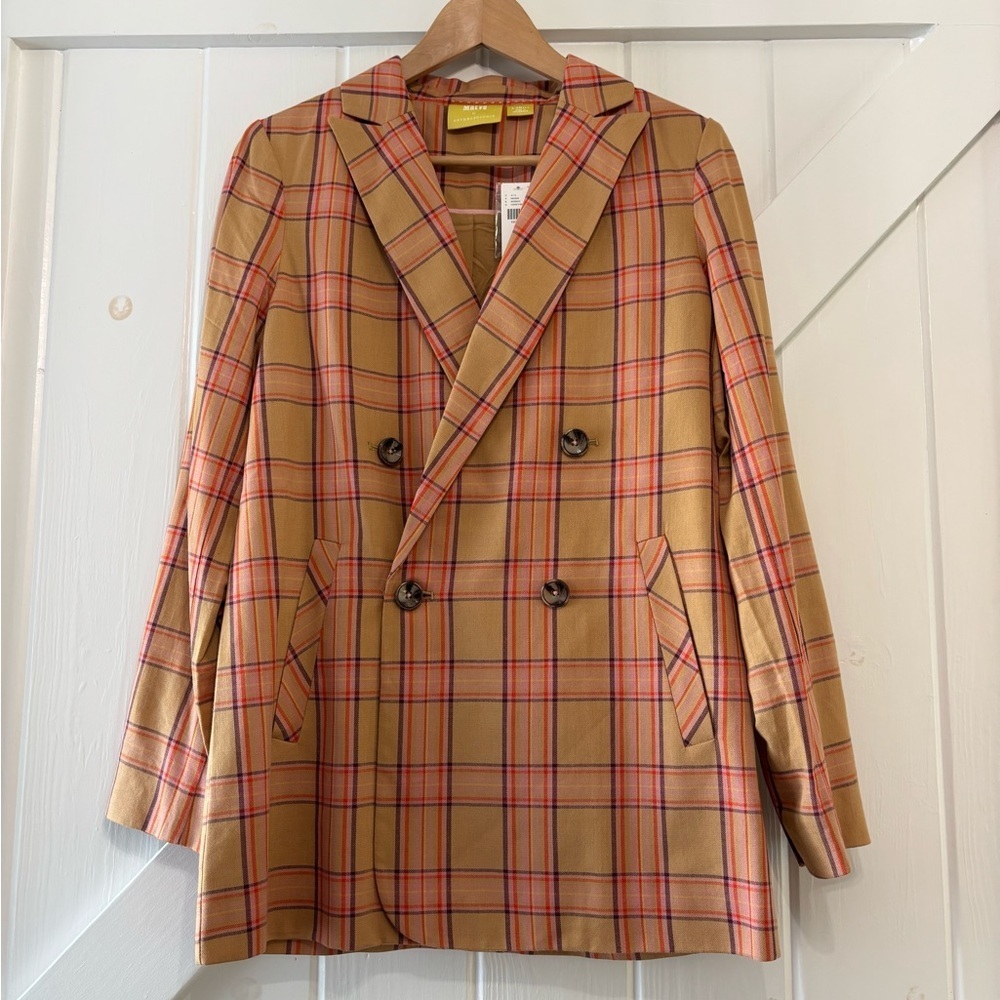 Maeve Victoria Oversized Plaid Double-Breasted Blazer Jacket Honey/Miel XS NWT - Picture 3 of 10